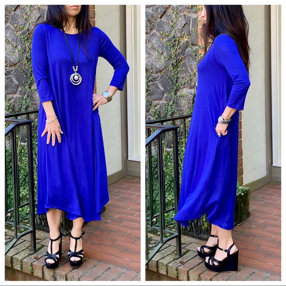 Chic Royal blue viscose side pocket swing dress - Picture 9 of 11